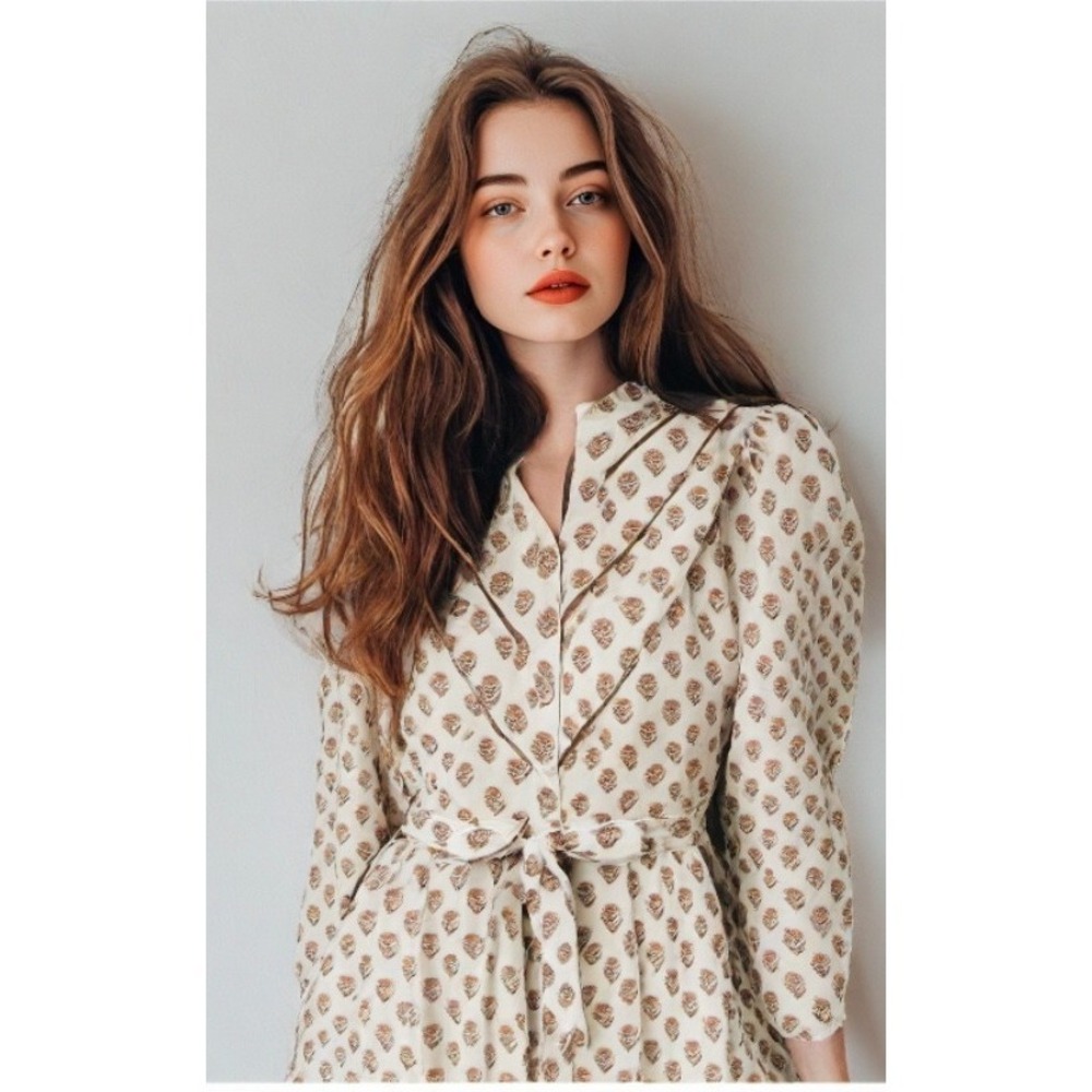 Polagram Floral Midi Dress Size Large Lattice Lace Trim Balloon Sleeve Ecru NEW